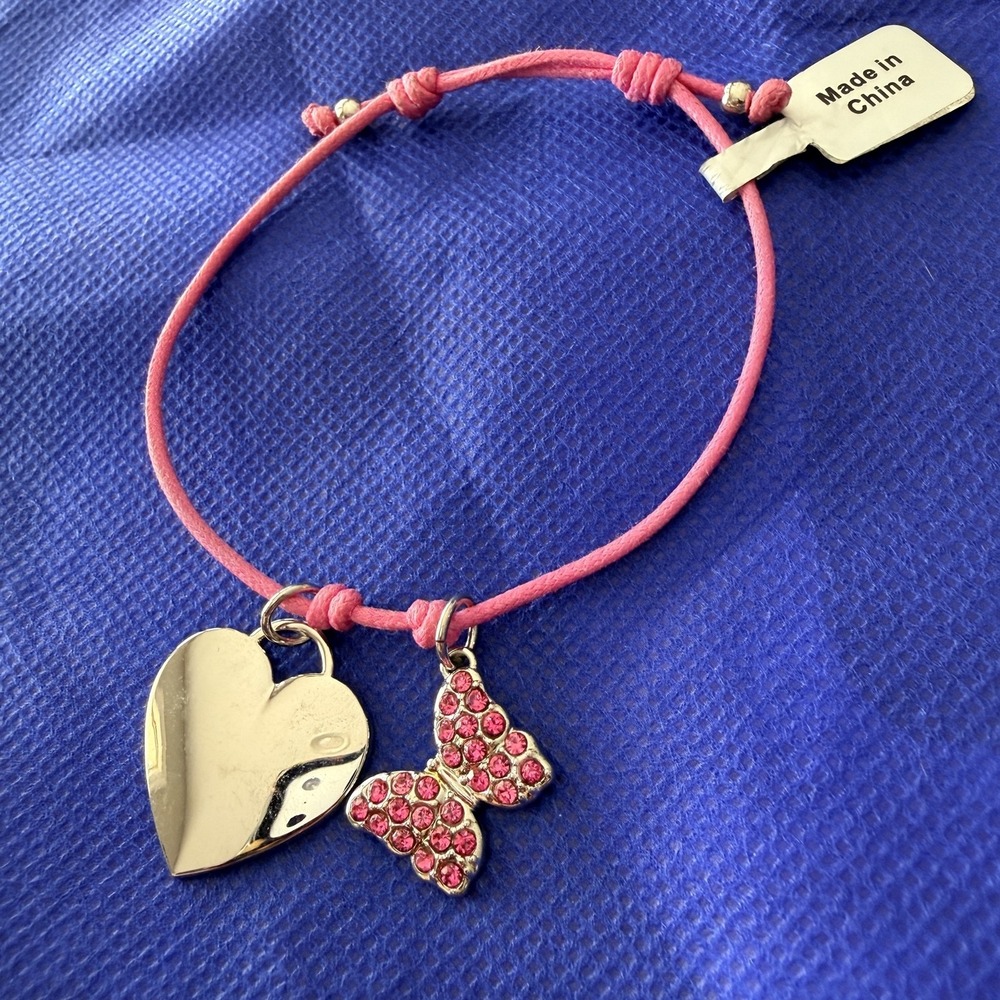 Pink Cord Heart Butterfly Charm Bracelet Womens Adjustable Rhinestone Crystal